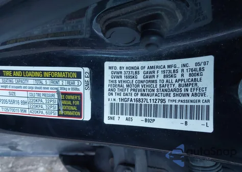 2007 Honda Civic Ex z USA, uszkodzony, nr VIN 1HGFA16837L112795